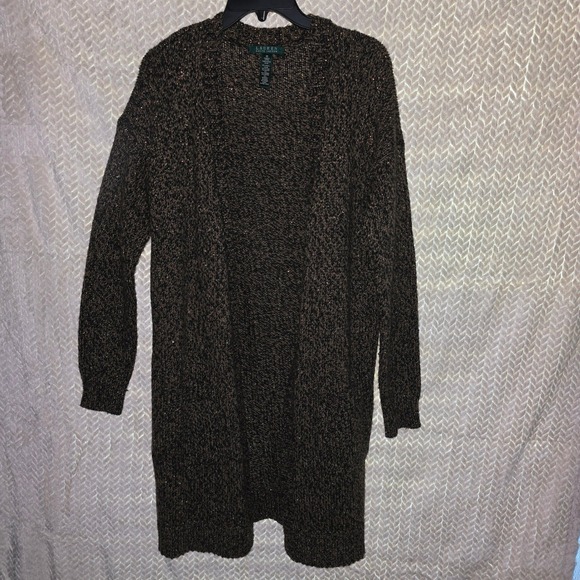 Lauren Ralph Lauren Medium Duster Cardigan Sweater Knit Brown Gold Metallic - Picture 1 of 4